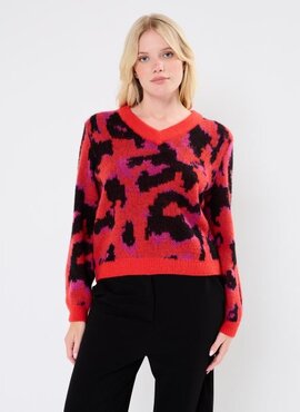 Vila vicenta v-neck l/s jacquard knit top/r Tomato