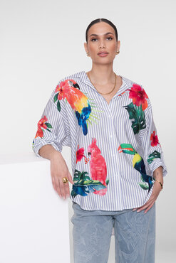 Geisha Blouse stripes & birds  light blue, off-white, pink, green 63162-70