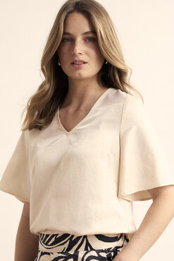 Tramontana Crinkle Satin V-Neck Top  Stone