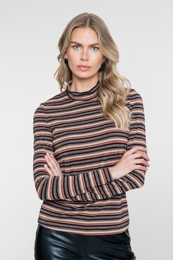 Geisha T-shirt stripe & lurex sand/stone/black/copper 62593-70 sand/stone/black/copper