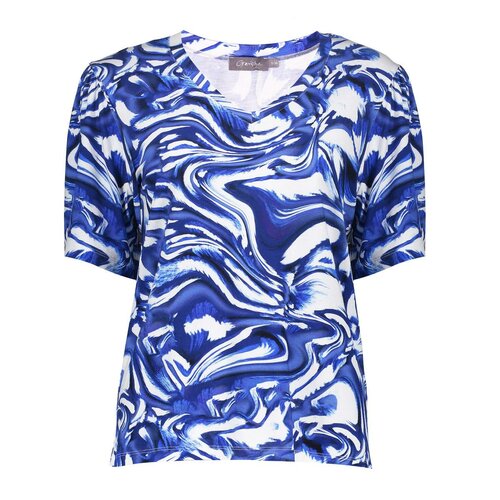 Geisha T-shirt v-neck jersey AOP blue/off-white  52445-60 JAZZ